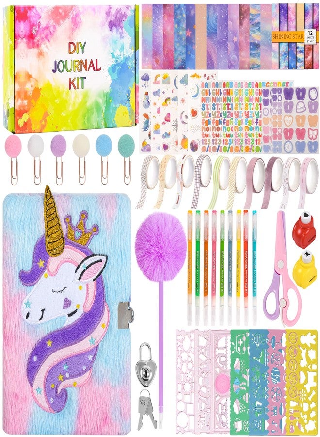 LiYiQ Plush Unicorn Diary Gift Travel Journal Secret Diary with Scrapbook Paper Stickers Journal Stencils Pompom Pen and Washi Tape Practical Set Gift for Birthday Christmas - Image 1